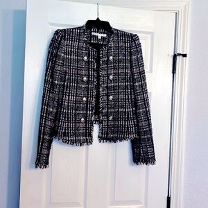 Veronica Beard plaid wool blend blazer with silver buttons and metallic strands